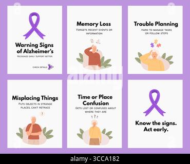 Social-Media-Post zum World Alzheimer Day mit Warnzeichen wie Gedächtnisverlust, Verwirrung, Fehlplatzierung von Artikeln. Konzept der Früherkennung, des Bewusstseins Stock Vektor
