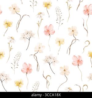Zarte Wiesenblumen in Aquarellfarben. Nahtloses Muster mit Feldwildblumen in Pastellfarben. Handgezeichneter floraler Hintergrund für Stoff, Textil, Wrappi Stockfoto