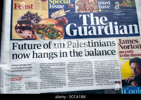 "Die Zukunft der 1m Palästinenser hängt jetzt in der Balance" Guardian-Zeitung Schlagzeile Titelseite IDF Israel Gaza-Kriegsoffensive artikel 9 August 2025 Vereinigtes Königreich Stockfoto