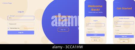 Layout der Registrierungs- und Anmeldeseite. Bereinigen Sie Anmelde- und Anmeldevorlagen mit ux-Elementen. Formulare zur Benutzerauthentifizierung für Website und Mobilgeräte. Stock Vektor