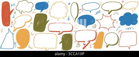 Set aus Buntstift-Sprechballons in handgezeichneter Doodle-Art. Comic-Textblasen mit rauer Kreideumrandung. Vektordialograhmen. Stock Vektor