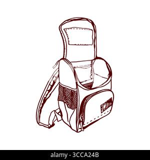 Schulrucksack offen und leer mit Reißverschlusstaschen für Zubehör. Hand gezeichnete Vektor-Illustration der Studententasche in Grafik für Cover und Banner. Stock Vektor