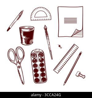 Schreibwarenset. Notizbuch, Schere, Stift, Bleistift, Lineal, Farben, Pinsel, Büroklammer, Stecknadel. Handgezeichnete Vektor-Clipgrafik zum Erstellen von Bannern und Stock Vektor