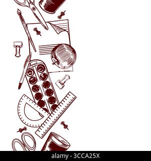 Briefpapier nahtloser Rand, vertikal. Notizbuch, Schere, Stift, Lineal, Pinsel, Farben, Büroklammer, Druckstift. Handgezeichnete Vektorgrafik zum Erstellen Stock Vektor