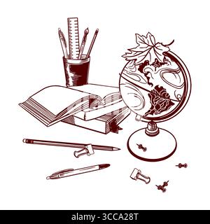 Schulkugel mit Ahornblatt, Büchern, Bleistift, Stift, Drucknadeln und Büroklammern. Hand gezeichnet einfache Vektor Schreibwaren Clipart für Back to School und Stock Vektor