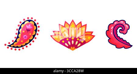Farbenfrohes Set im Cartoon-Stil mit drei indischen dekorativen Motiven, darunter ein traditionelles Paisley, eine florale Form und ein lebendiger Wirbel. Ein helles, modernes colle Stock Vektor