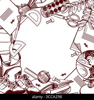 Rahmen mit Schulpapier. Handgezeichnete Vektor-Clip-Art mit Rucksack, Turnschuhen, Notizbuch, Stiften, Kugel, Farben, Scheren. Für Back-to-School-Banner Stock Vektor