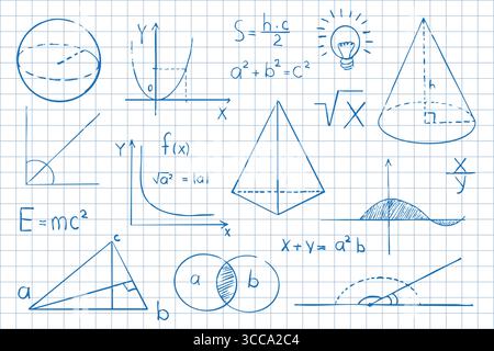 Mathematische Symbole Formeln im Hintergrund der Notizbuchseite. Skizzensymbole mathematische Gleichungen, Schemata Geometrieformen. . Vektorabbildung Stock Vektor