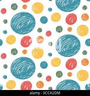Großes und kleines kreisförmiges, mehrfarbiges, nahtloses Muster. Buntstifte für Kinder mit endlosem Hintergrund. Naive einfache Dot Repeat Cover. Rund blau, rot und gelb c Stock Vektor