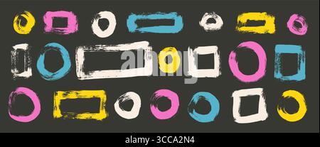 Pinselstrichsatz für Acrylfarben und quadratische Formen. Blau, gelb und weiß lackieren rechteckige und runde Rahmenelemente auf schwarzem Hintergrund. Grunge Stock Vektor
