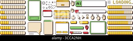 Pixelart Retro-Fenster-Schnittstellen-Set. 8-Bit-Rahmen und Symbole. Textfelder aus den 90er Jahren und Elemente des Internet-Designs. Vintage-Ladeleiste, Suche und Telefon bo Stock Vektor