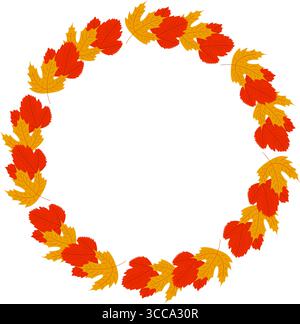 Herbstgoldgelber Ahornkranz und rote Blätter. Kreisrahmenvorlage für Grußkarten oder Ausdrucke. Gemütliche flache Illustration. Stock Vektor