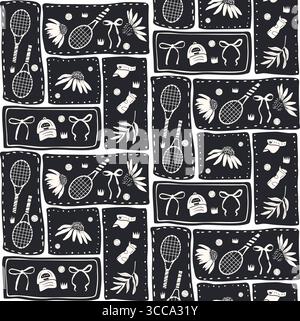 Nahtloses Muster von Girly Tennis. Sportschläger, Bälle und Blumen endloser Hintergrund. Schwarzweißmotiv für Unterhaltung mit Oberflächenmuster. Vektor Stock Vektor