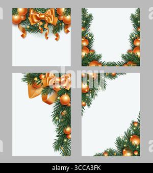 Weihnachtsrahmenränder mit Tannenzweigen verziert mit orangefarbenen Satinschleifen, glänzenden Kugeln und goldenen Bändern - festliche Kranzmotive für Weihnachtskarten, Einladungen oder saisonale Dekoration. Stock Vektor