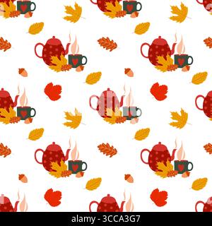 Nahtloses Herbstmuster mit heißem Teegetränk, das zwischen Ahorn- und Eichenblättern auf transparentem Hintergrund dampft. Stock Vektor