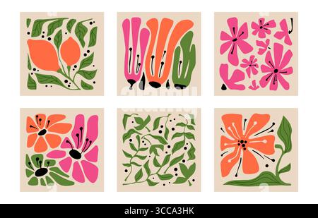 Groovige, vom Matisse-Stil inspirierte Blumenflächen - boho-Prints mit orangefarbenen, rosa Blüten und grünen Blättern auf Beige. Blumen im Retro-Stil in abstrakten Kompositionen für die Wanddekoration Stock Vektor