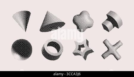 Y2K Brutalism Pixel Art Collection mit geometrischen Formen und Halbtonverläufen für Retro-Design. Moderne abstrakte Elemente mit Punktmuster und monochromer Optik. Digitales Vintage-ästhetisches Set. Stock Vektor