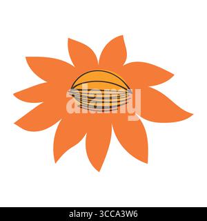 Orangefarbene, Stachelige Blütenblüte Mit Gelber Mitte Und Konzentrischen Schwarzen Linien. Energiegeladene, wilde Karikaturblüte mit scharfen, spitzen Blütenblättern, ideal für Stock Vektor