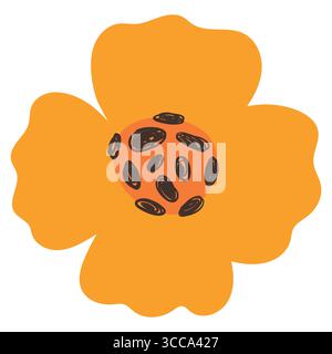 Leuchtend Orangefarbene Blütenblume Mit Auffälligem Schwarz-Punktmuster. Fröhliche Zeichentrickblüte mit glatten, abgerundeten Blütenblättern, perfekt für Einladungen und Begrüßungen Stock Vektor