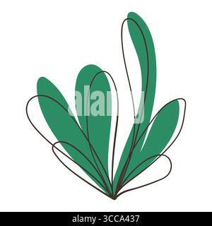 Grüner Busch mit Doodle-Blättern mit schwarzen Linien. Modernes Cartoon-Pflanzenblatt-Design, perfekt für Einladungen mit botanischem Thema, Poster, Karten und Stock Vektor