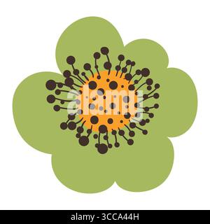 Grüne, Abgerundete Blütenblume Mit Orangefarbener Mitte Und Strahlenden Schwarzen Punkten. Moderne botanische Zeichentrickserie mit glatten Blütenblättern und auffälligen Stamen-Details, ideal für Stock Vektor