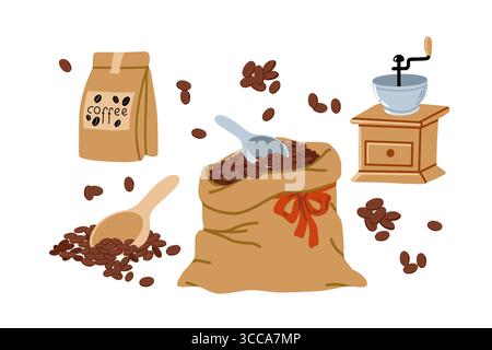 Kaffeebohnen-Symbole im flachen Cartoon-Stil Stock Vektor