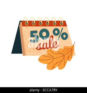 Aufkleber für Herbstangebote oder saisonale Sonderangebote. Vektor-Preissenkung oder Saison-Aktion mit Herbstblatt und Kalender. Kaufen oder speichern Sie Etiketten mit Rabatt. Einkaufszentrum oder Supermarkt mit Rabatten. Handel. Stock Vektor