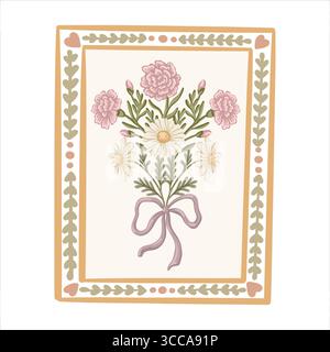 Vintage-Blumenstrauß in rechteckigem Rahmen mit Gänseblümchen und Nelke. Weicher Coquette-Stil mit Blumendetails. Ideal für Briefmarken und Stock Vektor