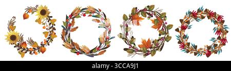 Set mit Herbstlaub-Kranz oder Herbstdekoration. Vektor handgemachte Flora Kreis oder Pflanzendekoration für Thanksgiving festlich oder Erntefeiertag. Saisonaler botanischer Hintergrund mit Beeren. Biologie. Stock Vektor