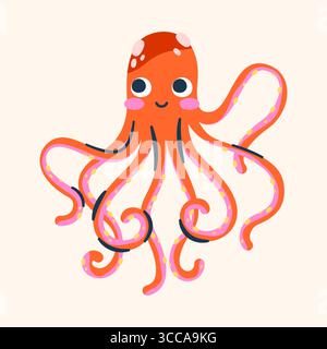 Vektor-Cartoon lächelnder Krake. Unterwassertierkone oder Meereshabitat, Meerestiere und Unterwasserbiodiversität, Aquarienwesen. Schwimmende Natur und Wasserfauna. Nautische Weichtiere mit Gesicht. Stock Vektor