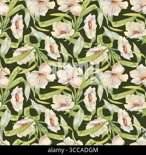 Zartes Aquarellmuster mit weißen Pfingstrosen und üppigem Laub auf dunklem Hintergrund. Nahtlos handgemaltes botanisches Design mit Blumen Stockfoto