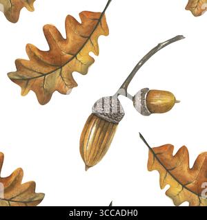Acorn und trockenes Eichenblatt. Nahtloses Muster aus Aquarellillustrationen. Handgezeichnet isoliert auf weißem Hintergrund Stockfoto