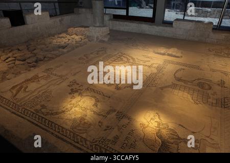 Sieben Kerzenstäbe Menora, ein Schofar- oder Widderhorn, andere jüdische Symbole und ein jüdisches Tierkreiszeichen auf einem Mosaikboden in einer ruinierten Synagoge aus dem 5. Jahrhundert. Stockfoto