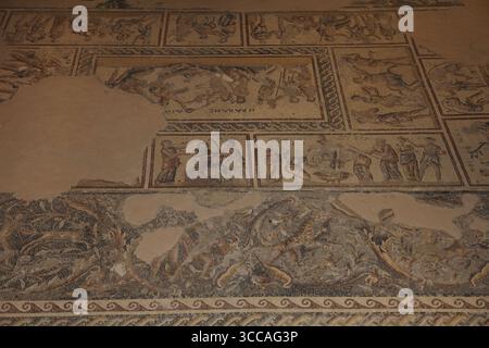 Trinkwettbewerb, Dionysos Gott des Weines in der griechischen Mythologie auf einem Mosaikboden, einem Speisesaal im Dionysoshaus, könnte Rabbiner Judah HaNasi zu Hause sein. Stockfoto