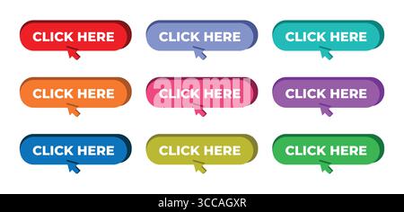 Sammlung farbenfroher Click here Schaltflächen mit Mauszeigern Stock Vektor