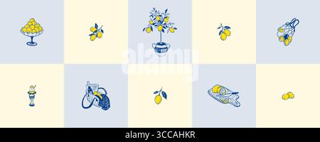 Set von Postern im mediterranen Stil im Sommer mit blauen und gelben handgezeichneten Zitronen. Skurriler italienischer Amalfi, Sizilien, Positano-Küsten-Kritzelhintergrund Stock Vektor