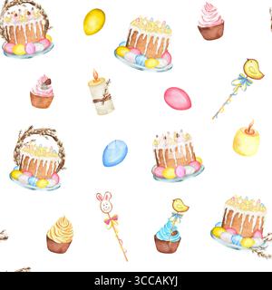 Nahtloses Muster mit Aquarellfarben Osterkuchen, Cupcakes, gelbe, blaue, rosa Eier, Kerzen, Weidenzweige. Frohe Ostern Clipart. Handgezeichnete Abbildung Stockfoto