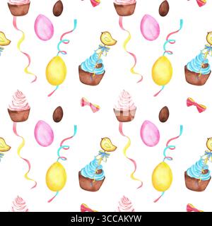 Cupcakes in Aquarellfarben mit rosa und türkisfarbenen Creme, gelben, rosa und Schokoladeneiern, gebundenen Schleifen, Streamer-Bändern und Vogel-Keksen in nahtlosem Muster. Stockfoto