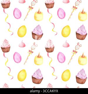 Cupcakes in Aquarellfarben mit rosa, lila Creme, gelben und rosa Eiern, Baisons und Hasenplätzchen in nahtlosem Muster. Frohe Ostern Clipart. Handgezeichnet krank Stockfoto