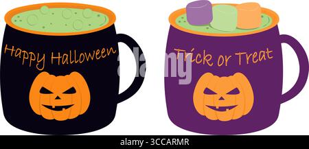 Schwarze und lila Halloween Tassen mit Happy Halloween und Trick or Treat Letters mit Hexentrank in. Isolierte Vektor-Illustration Halloween Aufkleber Symbol verwandter Inhalt Gruß Thematische Karte Faltblatt Stock Vektor