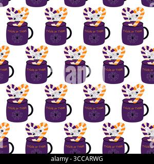 Gestreifte Candy Cane Herzform mit Kobolde und Spinnen Halloween Komposition in Becher nahtlosem Muster. Isolierte Vektor-Illustration Halloween Thematische Karten Hintergrund Banner, Faltblätter, Party-Einladung, Tag Stock Vektor