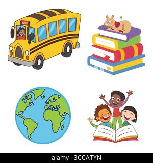 Farbenfrohe Illustrationen mit Schulbus, Kindern, Globe und Büchern Stock Vektor