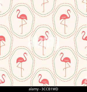 Nahtloses Muster des Flamingos-Vektors. Niedliche leuchtend rosa tropische Flamingovögel in gepunkteten Rahmen auf hellem Hintergrund. Exotisches Retro-Design im Sommer Stock Vektor