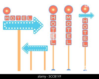 Retro-Hotelschilder Vektor-Illustration Set. Vintage Mid-Century Neon Motel Straßenschild mit Pfeil, fetten Buchstaben isoliert auf weißem Hintergrund Stock Vektor
