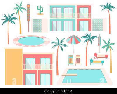 Sommerurlaub Hotel und Pool Vektorset. Flache, tropische Palmen mit Zeichentrick, farbenfrohe Motelgebäude, Sonnenschirme, Sonnenliegen, Pools isoliert auf weiß Stock Vektor