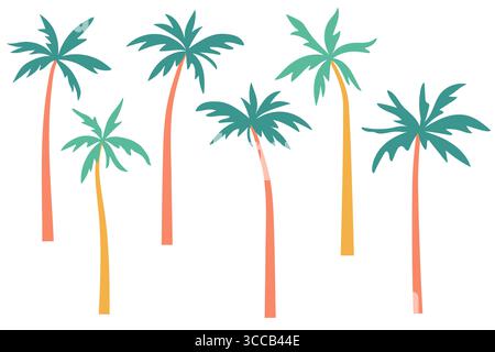 Palmen Vektor-Illustration Set. Tropische Kokospalmen mit geschwungenen Stämmen und üppigen Blättern isoliert auf weißem Hintergrund. Exotische Inselpflanzen Stock Vektor