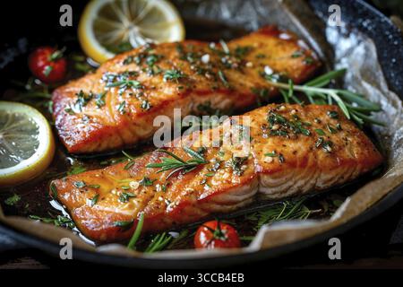 Leckeres und frisch gekochtes Lachsfilet mit Zitronen und Rosmarin. Gesunde Ernährung Stockfoto