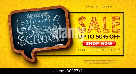 Back to School Sale Banner Design mit Sprechblasenform Kreidetafel und Handzeichnung Typografie Schriftzug auf gelbem Hand gezeichnetem Doodles Hintergrund Stock Vektor
