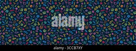 Back to School nahtlose Muster Banner Design mit Hand gezeichneten Doodles in School Supplies Style auf Blackboard Hintergrund. Vektor-Bildung, Lernen Stock Vektor