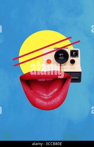 Bild Pop 3D Zine Art vertikale Collage von glücklichen weiblichen Mund Lippen Retro Kamera Polaroid Gerät Aufnahme Paparazzi Inhalt Stockfoto
